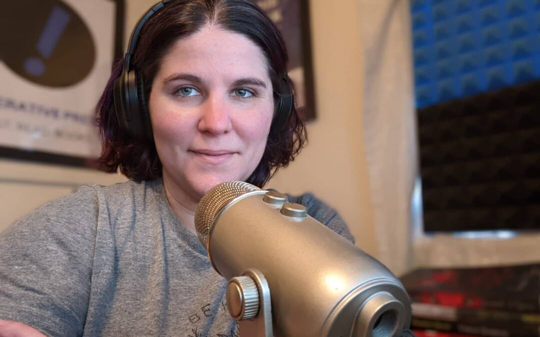 Emma recording an episode of the indie book talk podcast